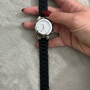 Michele Tahitian Jelly Bean Watch women’s silver with white face & black band